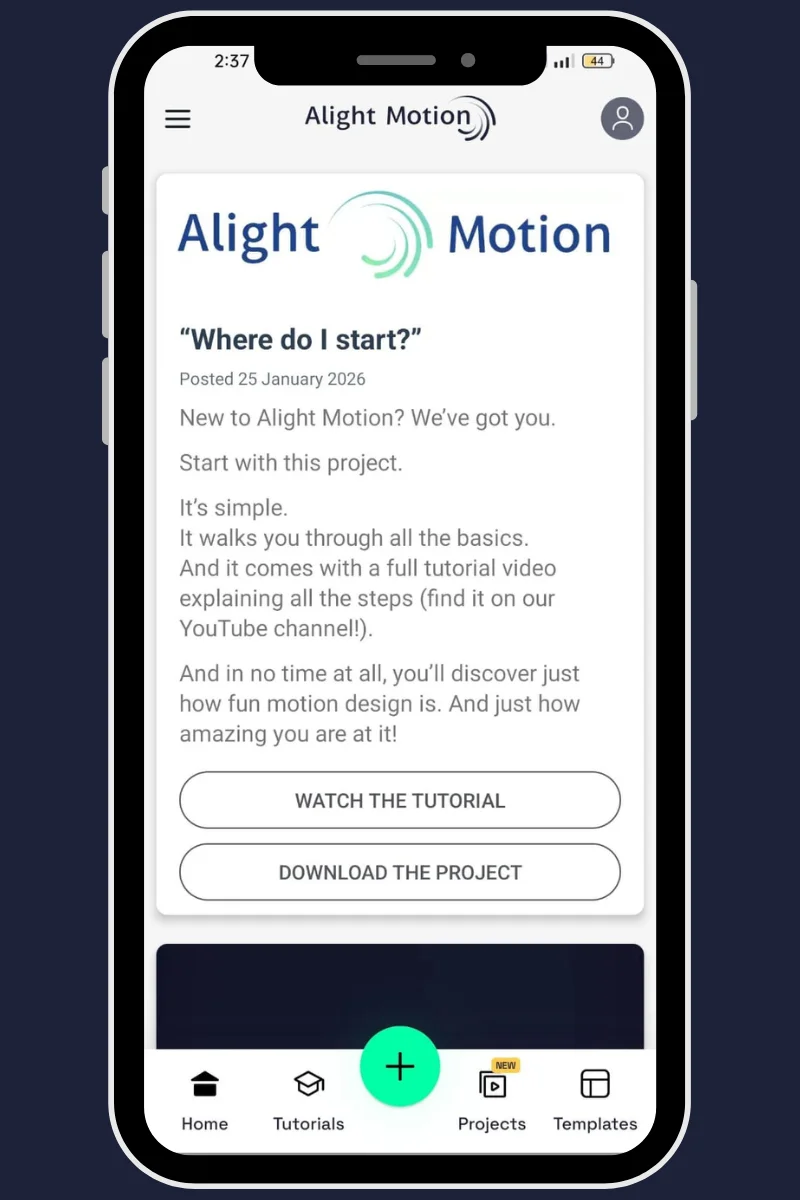 Launch Alight Motion Mod Apk and start project